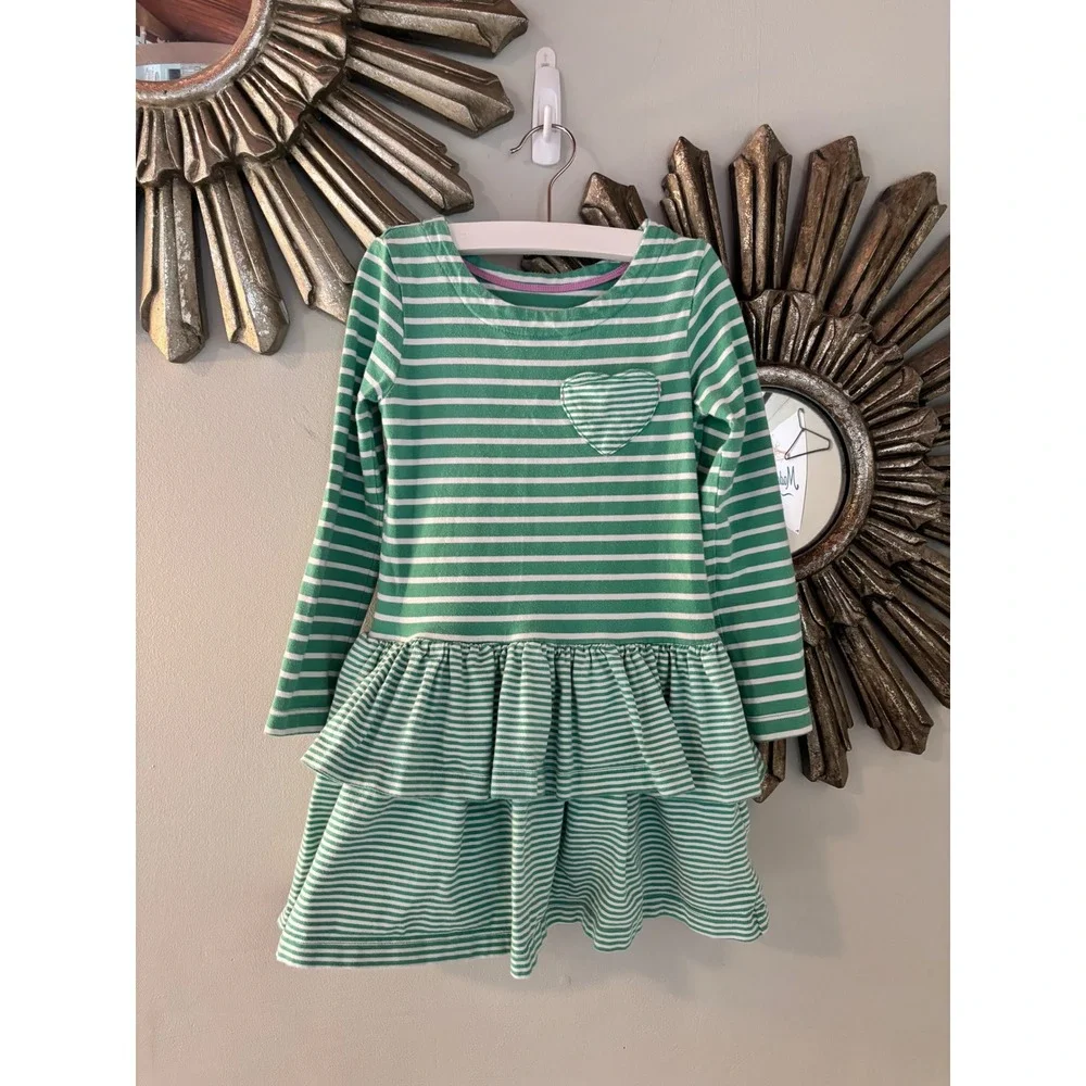 Mini‎ Boden Girls Green White Striped Heart Tiered Cotton Dress 4-5Y 110cm